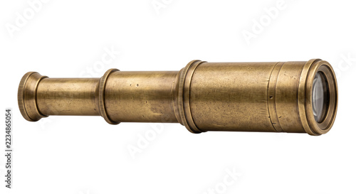 Fotografie Antique brass spyglass telescope with a long collapsible tube, detailed rings, a