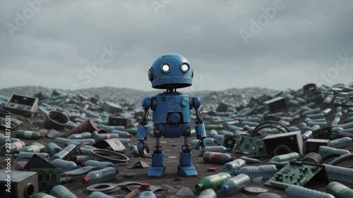 Lonely 3D Mascot Blue Robot Character with Glowing Eyes Standing in Vast Plastic and Electronic Waste Landfill