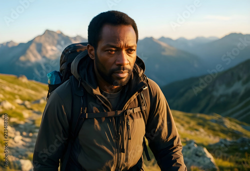 Adventure travel and exploration, man hiking in mountains with backpack during sunset, outdoor activity and active lifestyle in wilderness landscape