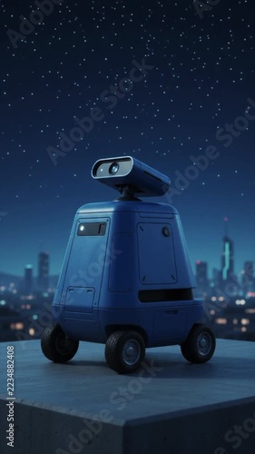 Futuristic 3D Mascot Blue Security Patrol Robot on Wheels Looking at Starry Night Sky Above City Skyline