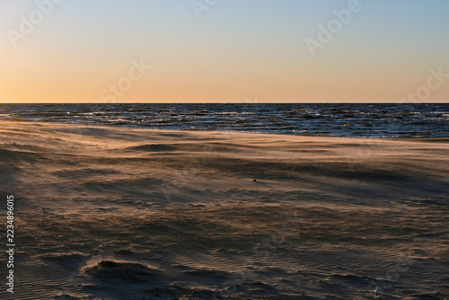 Early August evening on a sandy beach in Estonia as wind blows sand across the dunes toward the sea under a warm sunset light.
