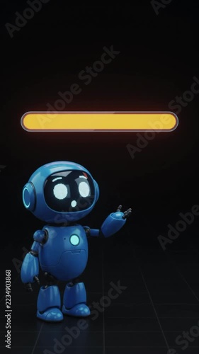 ⁠Cute 3D blue character robot watching glowing loading bar complete⁠