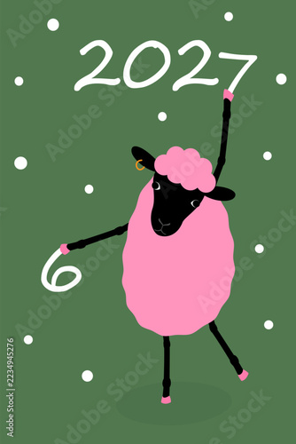 Greeting card with a pink sheep changing 2026 to 2027 on a green background with playful white dots. Vector illustration for festive greeting cards, party invitations and seasonal social media designs