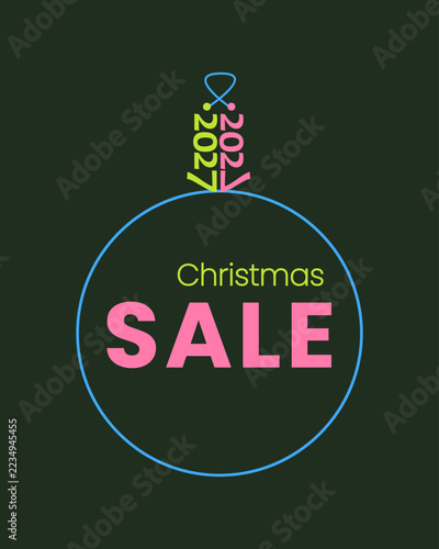 Christmas sale banner for 2027 with a blue bauble frame and pink letters on a dark green background. Vector illustration for festive store promotions, retail advertising and seasonal ecommerce banners