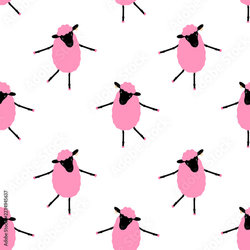 Seamless pattern of quirky pink sheep with black faces and gold hoop earrings on a white background. Vector illustration for fabric prints, wrapping paper, wallpaper and playful nursery decor projects