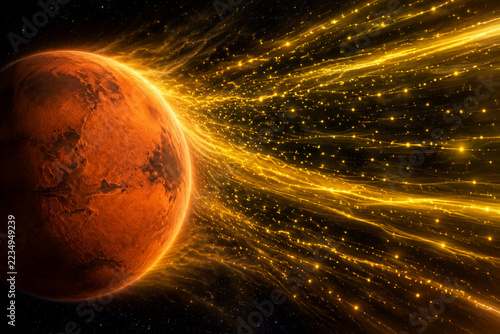 Mars and glowing solar wind particles, planetary activity concept