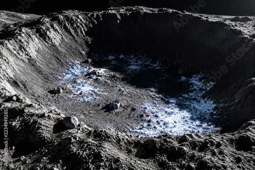 Lunar surface diorama with ice patches in shadowed crater, Chandrayaan-2 water on moon discovery concept.