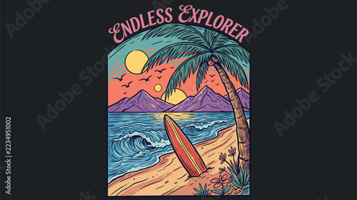 Canvas Print Retro Vintage Tropical Beach Illustration with Surfboard and Sunset for Adventur
