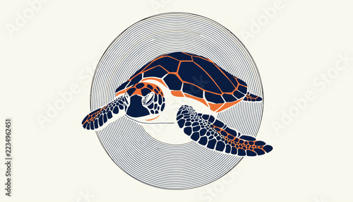 Stylized Sea Turtle Illustration in Geometric Circle, Marine Life Graphic Art