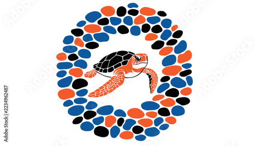 Stylized Sea Turtle Swimming Inside a Circle of Pebbles - Marine Life Icon