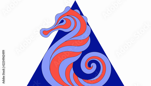 Stylized Seahorse Illustration - Swirling Patterns, Blue and Coral Hues, Geometric Triangle Background