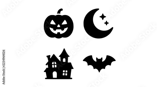 Halloween Filled Icons Grid with Spooky Seasonal Symbols Pumpkins Ghosts Bats Witches and Horror Elements for Party Invitations Festive Decorations Clipart Collections and Vector Design