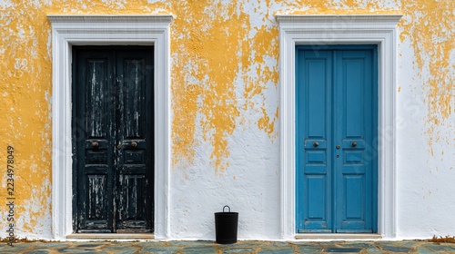 Two contrasting wooden doors on peeling yellow wall