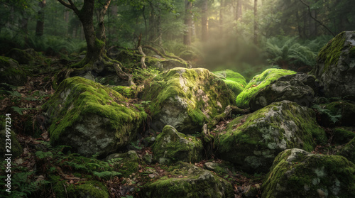 Sunbeams filtering through a misty forest canopy onto mossy rocks and gnarled tree roots in a serene landscape