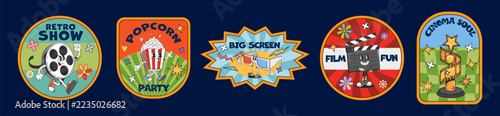 Fotografie Cartoon groovy cinema quote badges with film reel, popcorn, 3D glasses, clapperboard and movie award characters