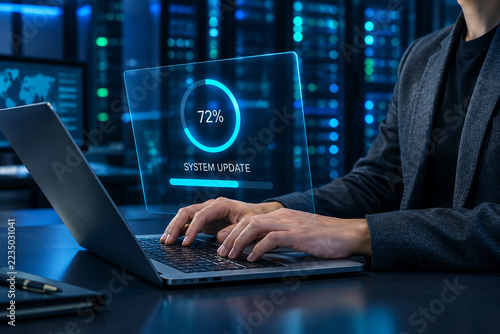 IT Engineer Updating Server Software with Holographic System Update Progress Interface