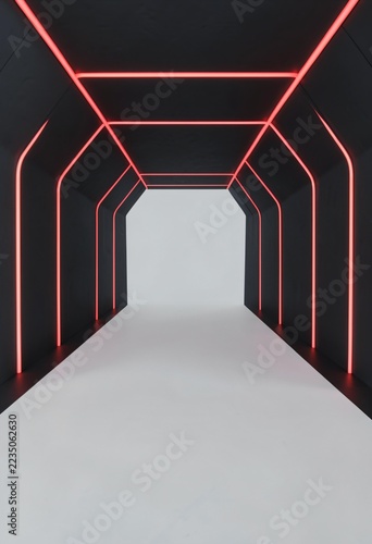 Futuristic dark corridor tunnel with glowing red neon lights and bright light at end indoors