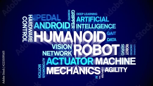 Humanoid Robot animated word cloud-animation tag kinetic typography seamless loop.