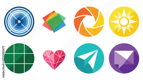 Colorful modern geometric icon collection set featuring diverse abstract symbols for digital app