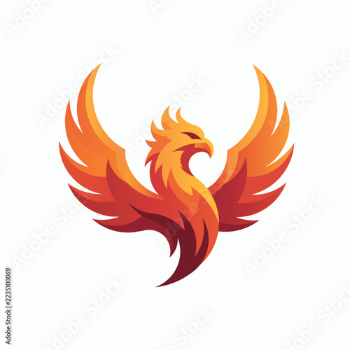 Illustration of a phoenix bird logo with spread wings in fiery orange gradient, ideal for brand flyers and advertisements, featuring ample copy space, perfect for rebirth, power, and transformation