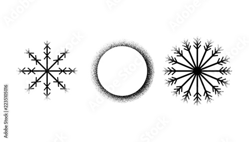 Grainy stipple texture snowflakes and circular frame vector set
