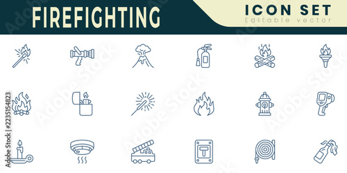 Firefighting icon set. Editable Stroke Vector Set. Line Icon.