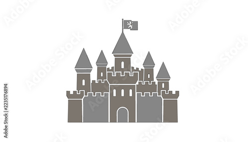 Medieval grey stone fairy castle with towers, flags, and royal gates representing kingdom, history, and fairytale magic.