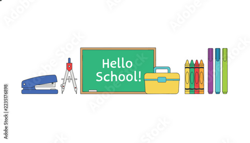 Cute back to school banner featuring hello school text on green chalkboard with blue stapler, crayons, and compass supplies.