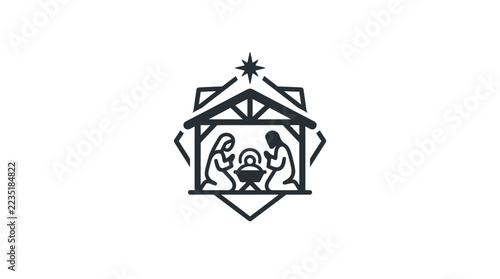 Minimalist Nativity Scene Icon with Holy Family and Star.