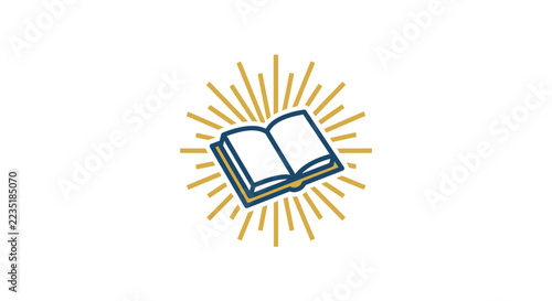 Stylized open book illustration with radiant light beams.