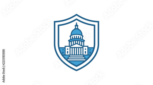 Blue outline shield icon featuring a capitol building dome.