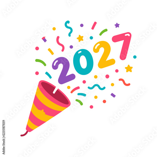 Colorful party popper bursting with 2027 numbers, confetti, and streamers on white background