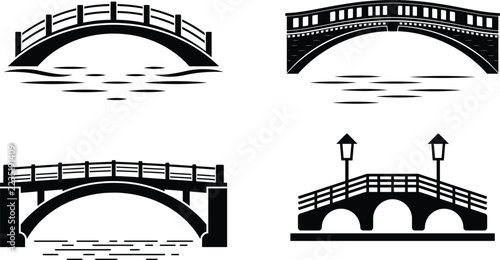 Bridge Silhouette Set Arch Stone Wooden Pedestrian Lamp Vector, Set of Four Black Arched Bridge Vector Silhouettes with Water Reflections