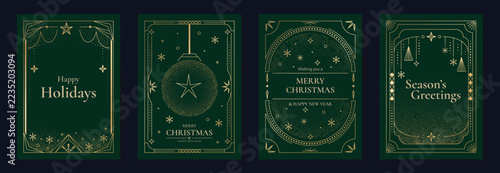 Christmas luxury greeting card vector designs with golden borders, hanging baubles, radiant star motifs and emerald green backgrounds. Elegant holiday invitations for festive winter celebrations.