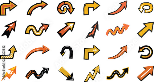 Set of Colorful Hand Drawn Directional Arrows in Yellow Orange and Black