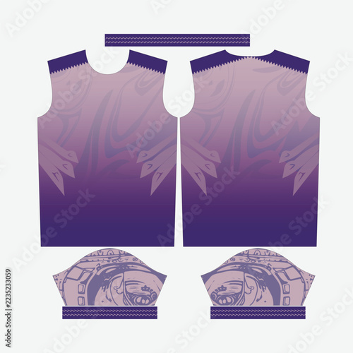 Purple Gradient and Abstract Ornamental Sports Jersey Design Mockup Template for Custom Sublimation Sportswear T-Shirt Vector