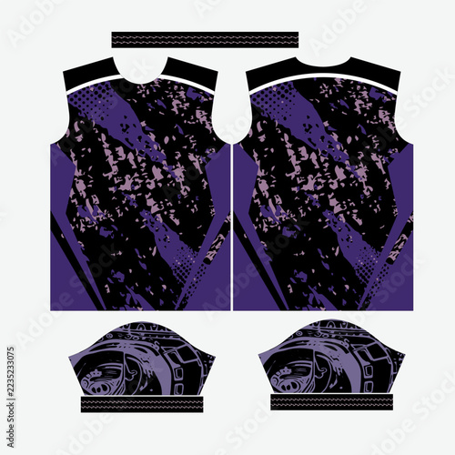Purple and Black Abstract Camouflage Sports Jersey Design Mockup Template with Grunge Sublimation T-Shirt Vector Layout