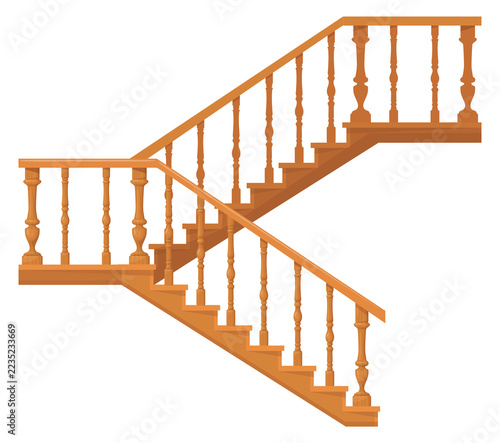 Obraz na plátně Vintage wooden staircase with balustrade railing cartoon icon