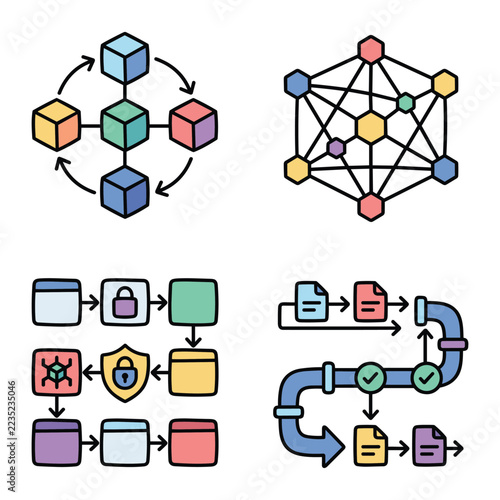 Colorful diagrams illustrating data processing system architecture and workflow concepts.