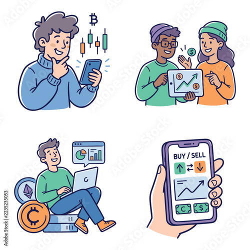 Diverse people trading cryptocurrency and stocks on mobile devices.