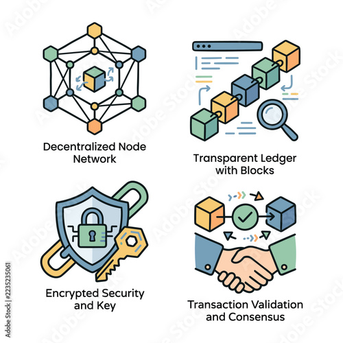 Colorful Blockchain Technology Concept Icons.