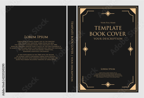 Elegant black book cover template with gold art deco design, showing front, spine, and back for a classic publication layout.