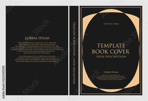 An elegant black and gold book cover template featuring a minimalist design with a large oval frame on the front, placeholder text, and a matching spine and back cover.