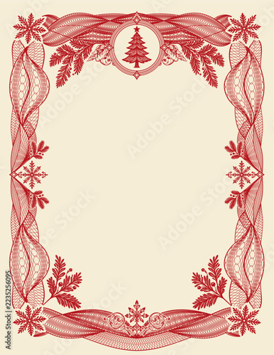 Vintage Christmas Certificate Guilloche Border with Fir Tree Medallion and Snowflakes