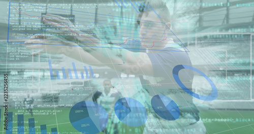 Image of data processing over rugby players during rugby match in sports stadium