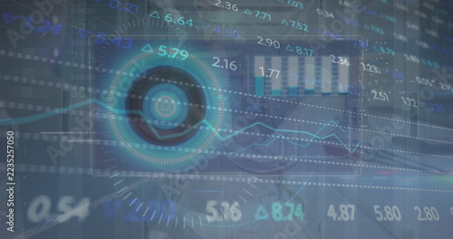 Digital interface displaying financial graphs and data analytics in futuristic style