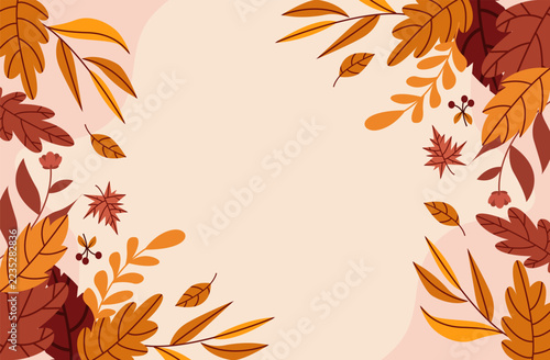 Warm autumn leaves and berries frame background on cream base for Thanksgiving greeting banner