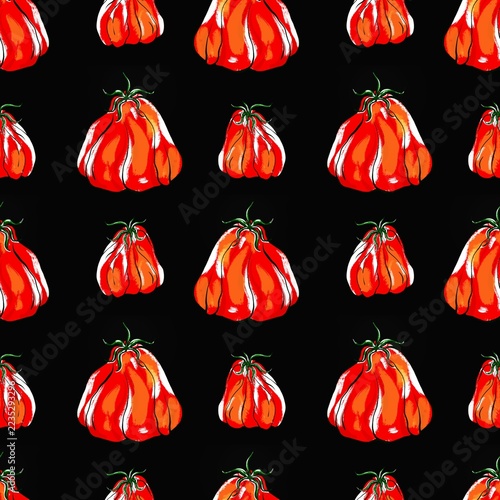 Tomato seamless pattern with ripe tomatoes, cherry tomatoes and slices in a bold vintage color ink style. Design for kitchen textiles, fabric, wallpaper, packaging and summer designs.
