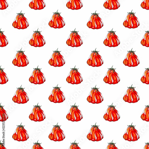 Tomato seamless pattern with ripe tomatoes, cherry tomatoes and slices in a bold vintage color ink style. Design for kitchen textiles, fabric, wallpaper, packaging and summer designs.