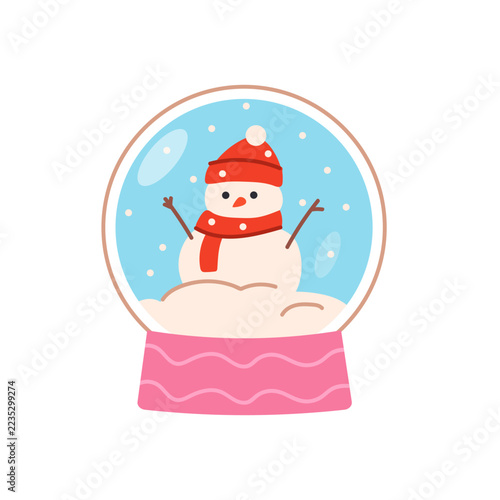 Cute Snowman in a Pink Snow Globe  Christmas Winter Vector Illustration